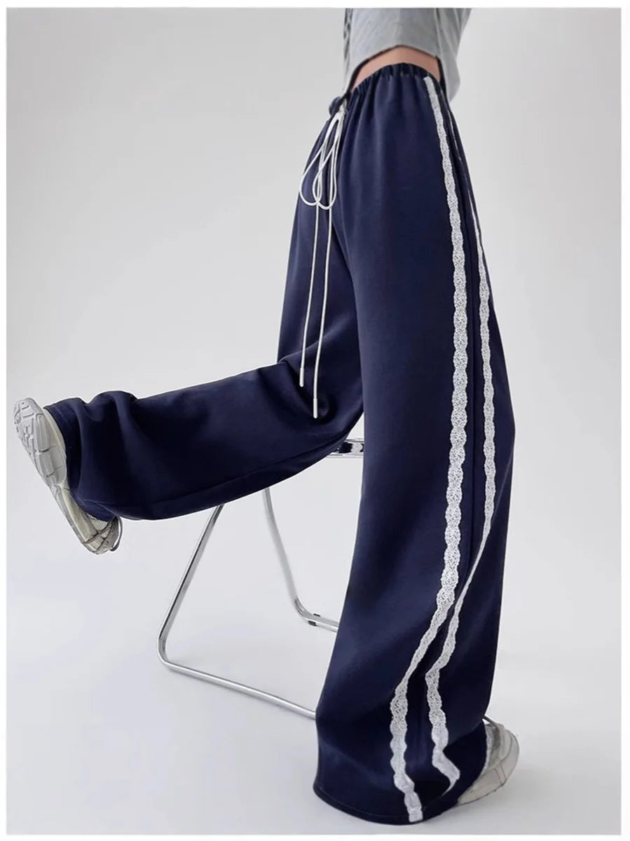 Harajuku Lace Splice Drawstring Wide Leg Pants Women Loose