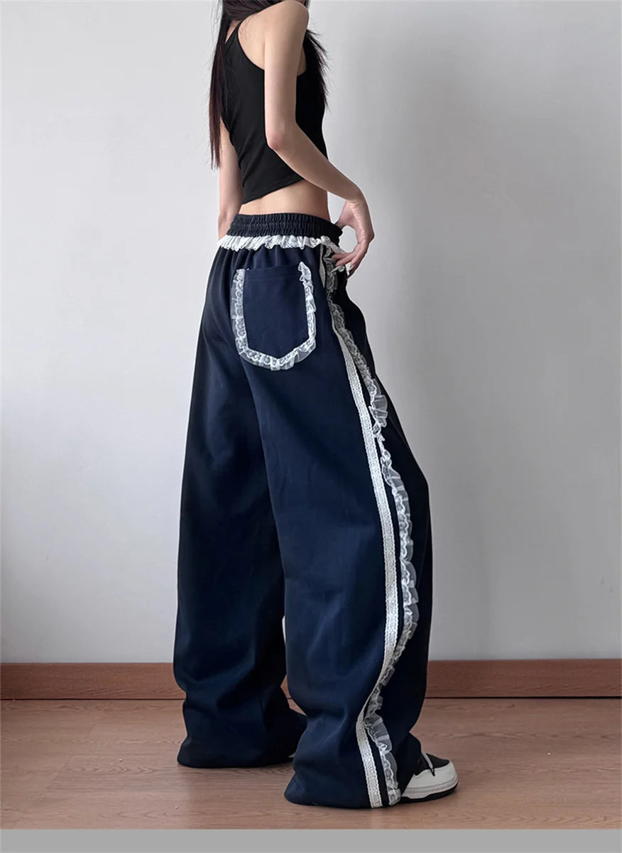 Harajuku Lace Splice Drawstring Wide Leg Pants Women Loose