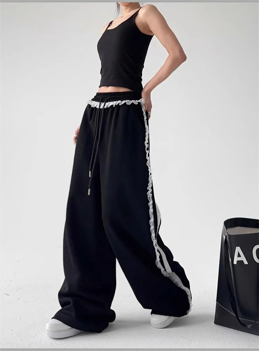 Harajuku Lace Splice Drawstring Wide Leg Pants Women Loose