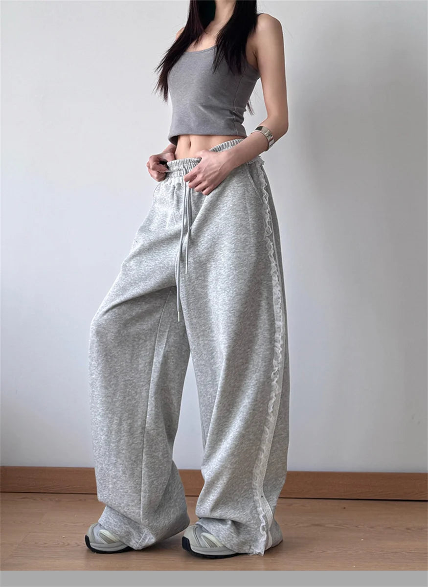 Harajuku Lace Splice Drawstring Wide Leg Pants Women Loose