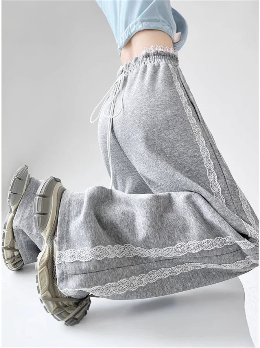 Harajuku Lace Splice Drawstring Wide Leg Pants Women Loose