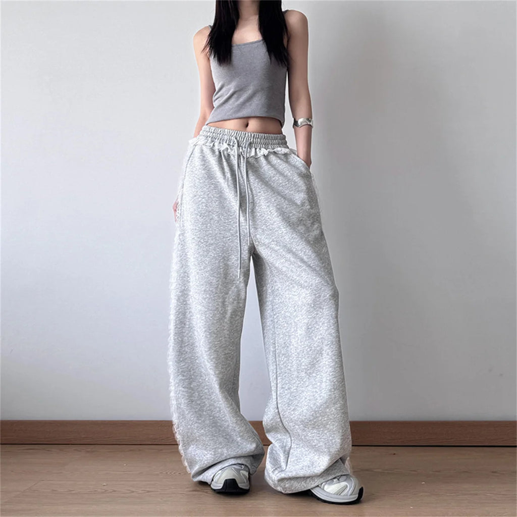 Harajuku Lace Splice Drawstring Wide Leg Pants Women Loose