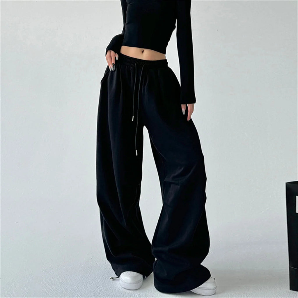Harajuku Lace Splice Drawstring Wide Leg Pants Women Loose