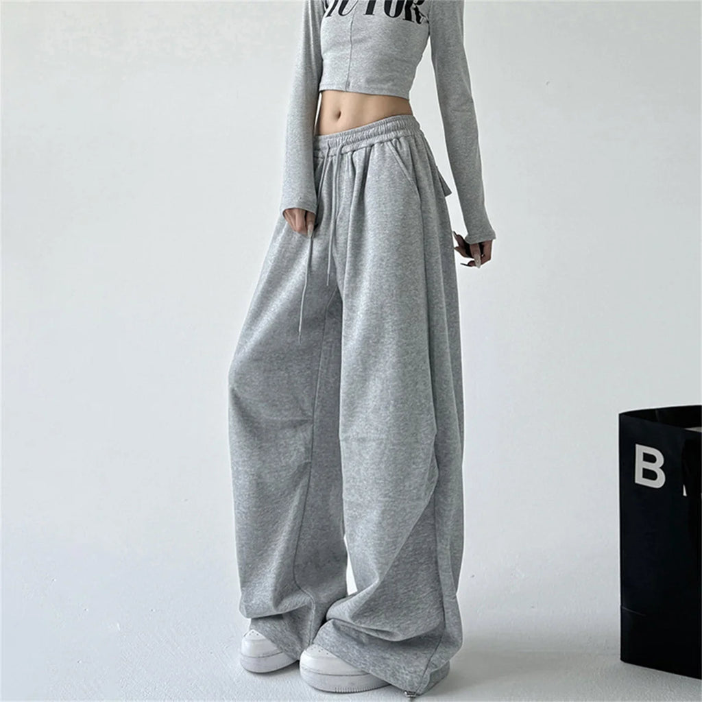 Harajuku Lace Splice Drawstring Wide Leg Pants Women Loose