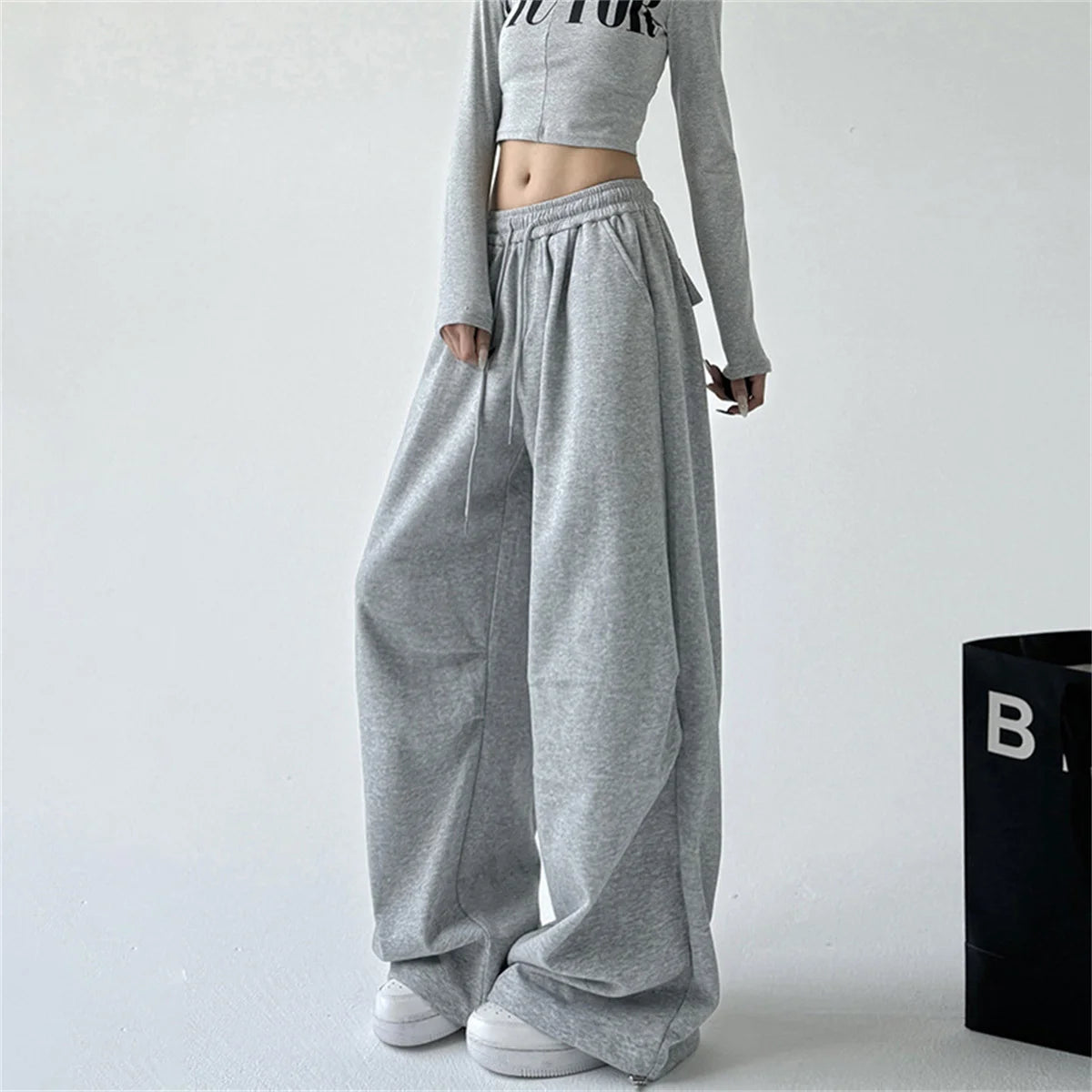 Harajuku Lace Splice Drawstring Wide Leg Pants Women Loose