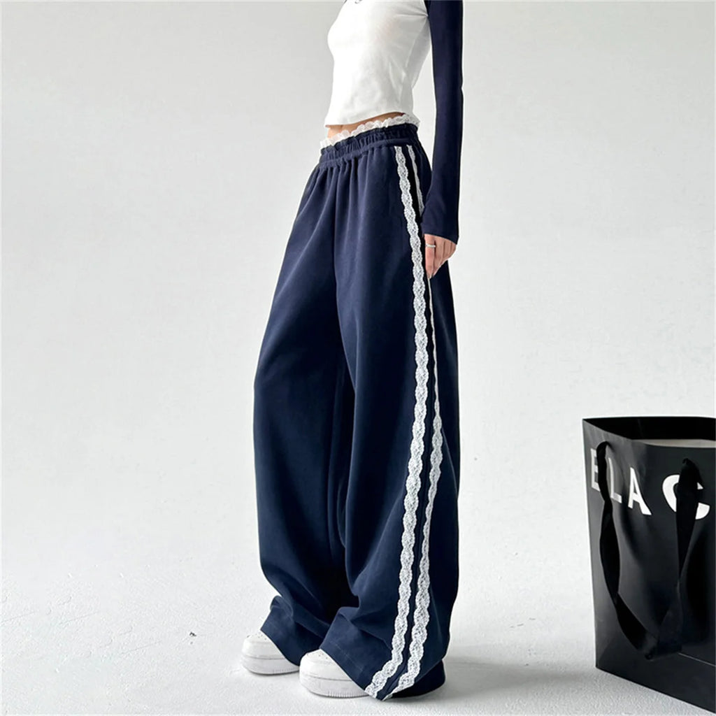 Harajuku Lace Splice Drawstring Wide Leg Pants Women Loose