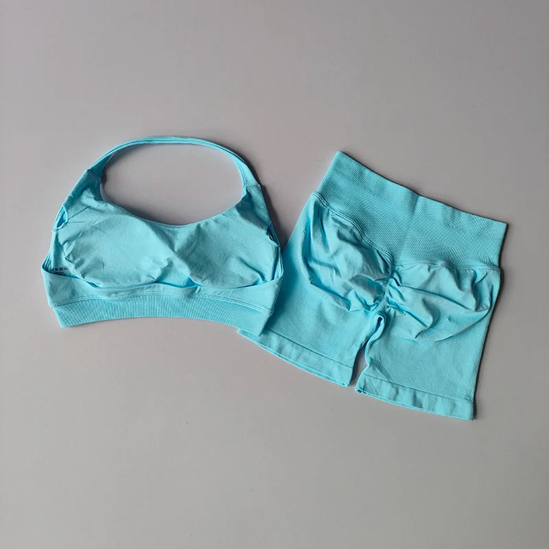 2PCS Seamless Workout Set Women Halter Bra + High Waist Shorts