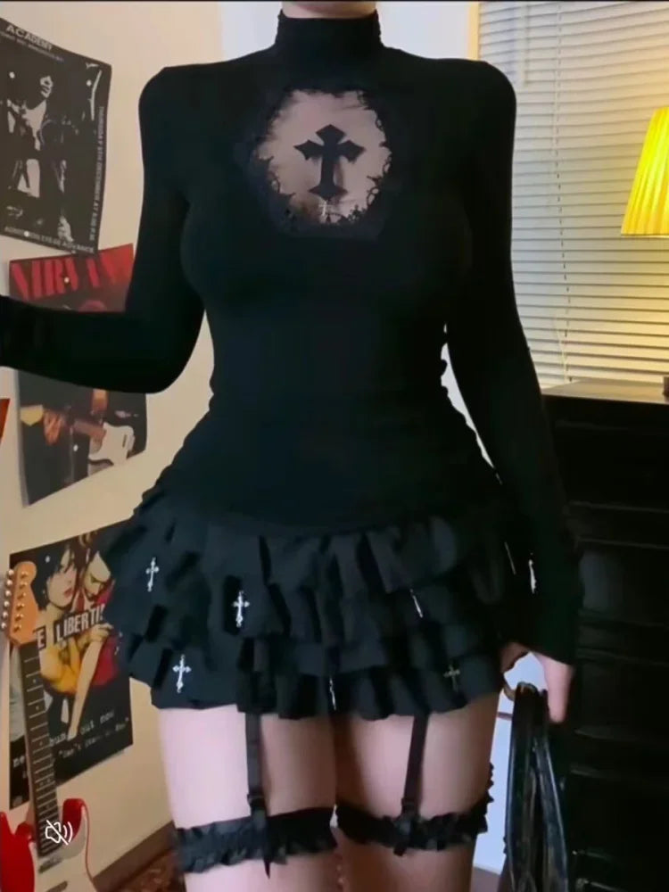 Y2K Cross Hollow Turtleneck Long Sleeve Sexy - ZARAÉ