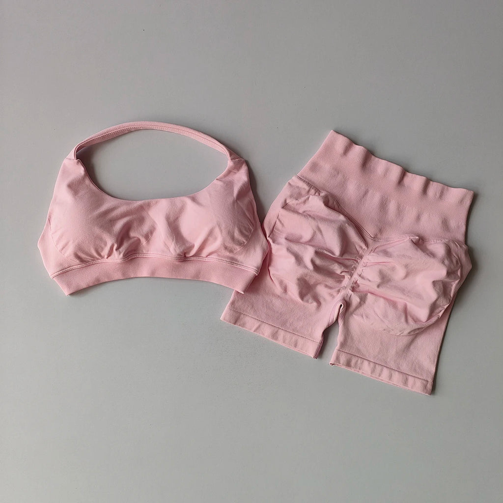 2PCS Seamless Workout Set Women Halter Bra + High Waist Shorts