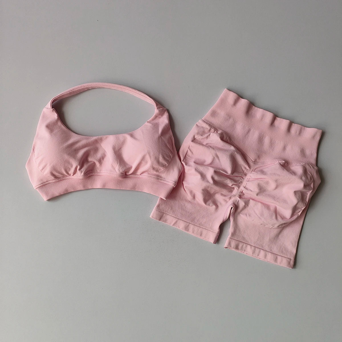 2PCS Seamless Workout Set Women Halter Bra + High Waist Shorts