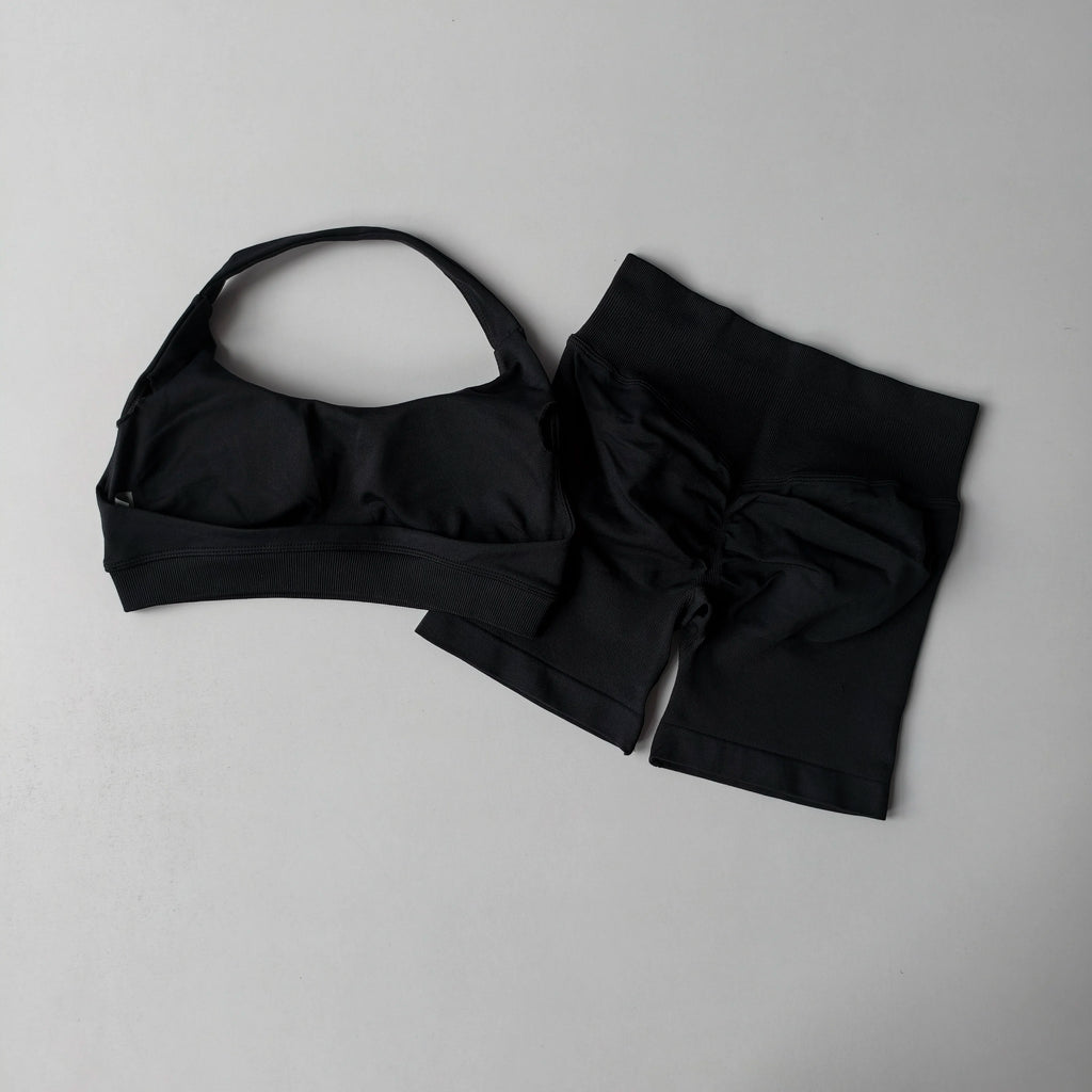 2PCS Seamless Workout Set Women Halter Bra + High Waist Shorts