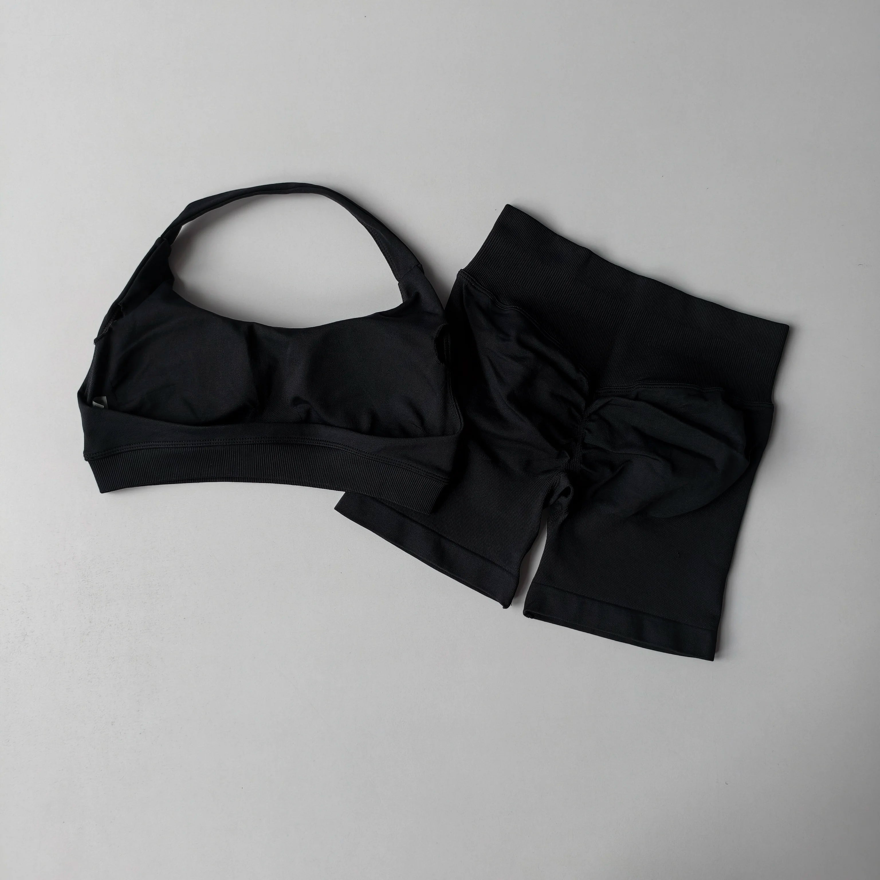 2PCS Seamless Workout Set Women Halter Bra + High Waist Shorts