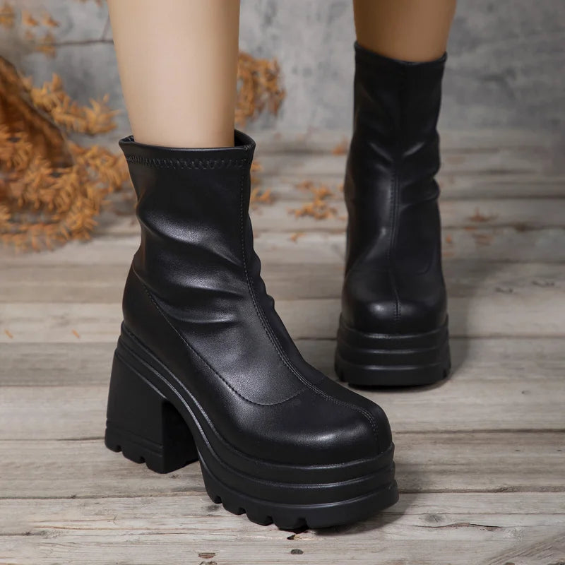Women Square Toe Short Boots Leather Zipper High Heel Thick Sole