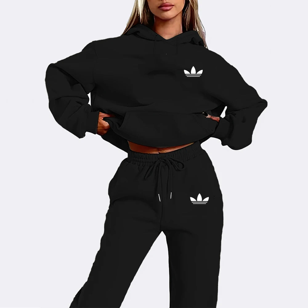 Letter Print Women Hoodie Set 2PCS Plush Streetwear Tracksuit