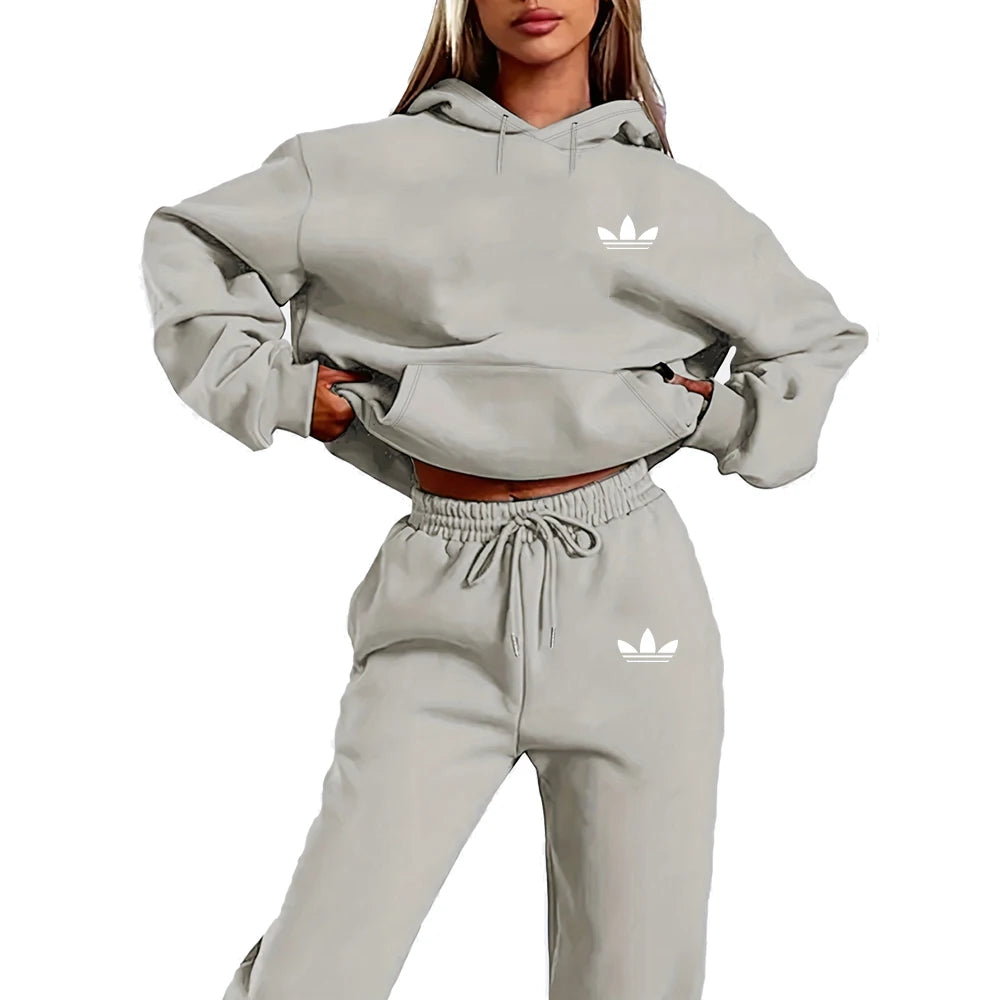 Letter Print Women Hoodie Set 2PCS Plush Streetwear Tracksuit