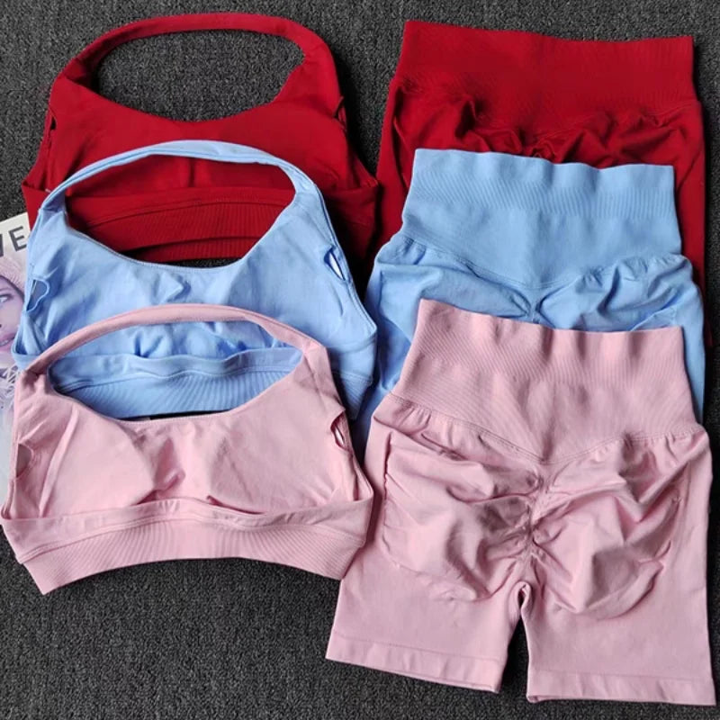 2PCS Seamless Workout Set Women Halter Bra + High Waist Shorts