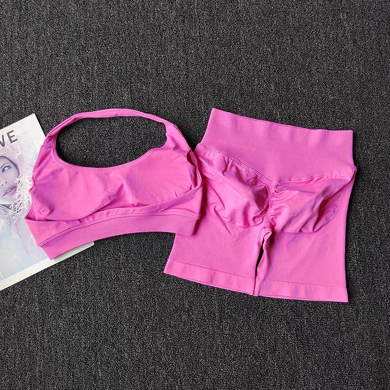2PCS Seamless Workout Set Women Halter Bra + High Waist Shorts