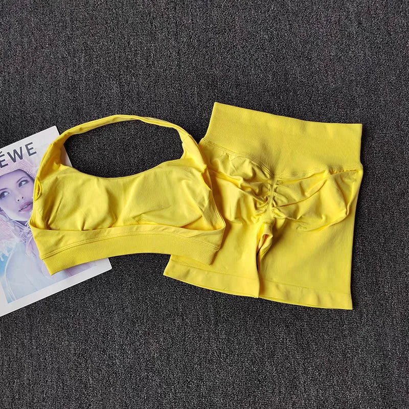 2PCS Seamless Workout Set Women Halter Bra + High Waist Shorts