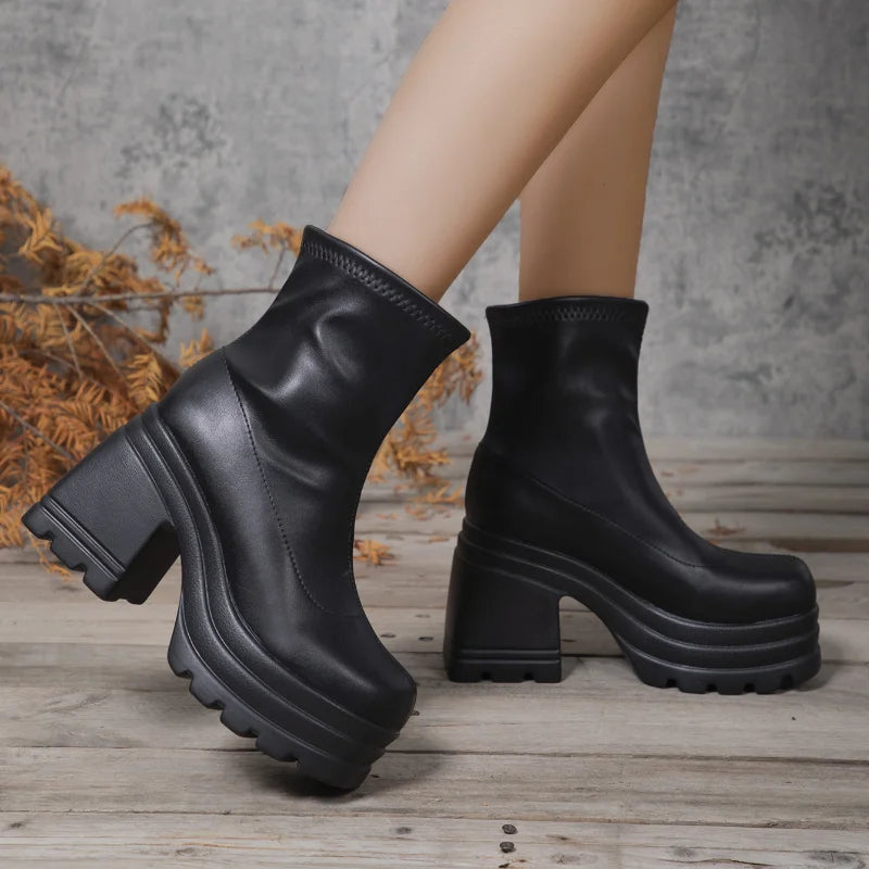 Women Square Toe Short Boots Leather Zipper High Heel Thick Sole