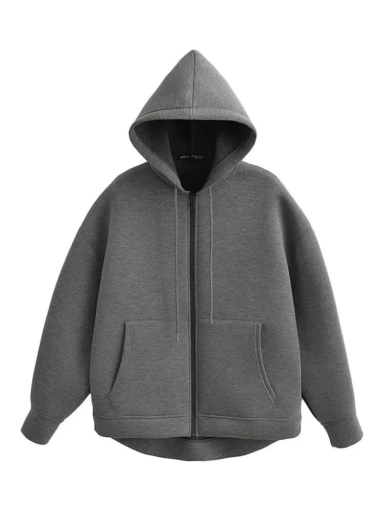 Women Gray Hooded Jacket Long Sleeve Big Pocket Zipper Loose Coat