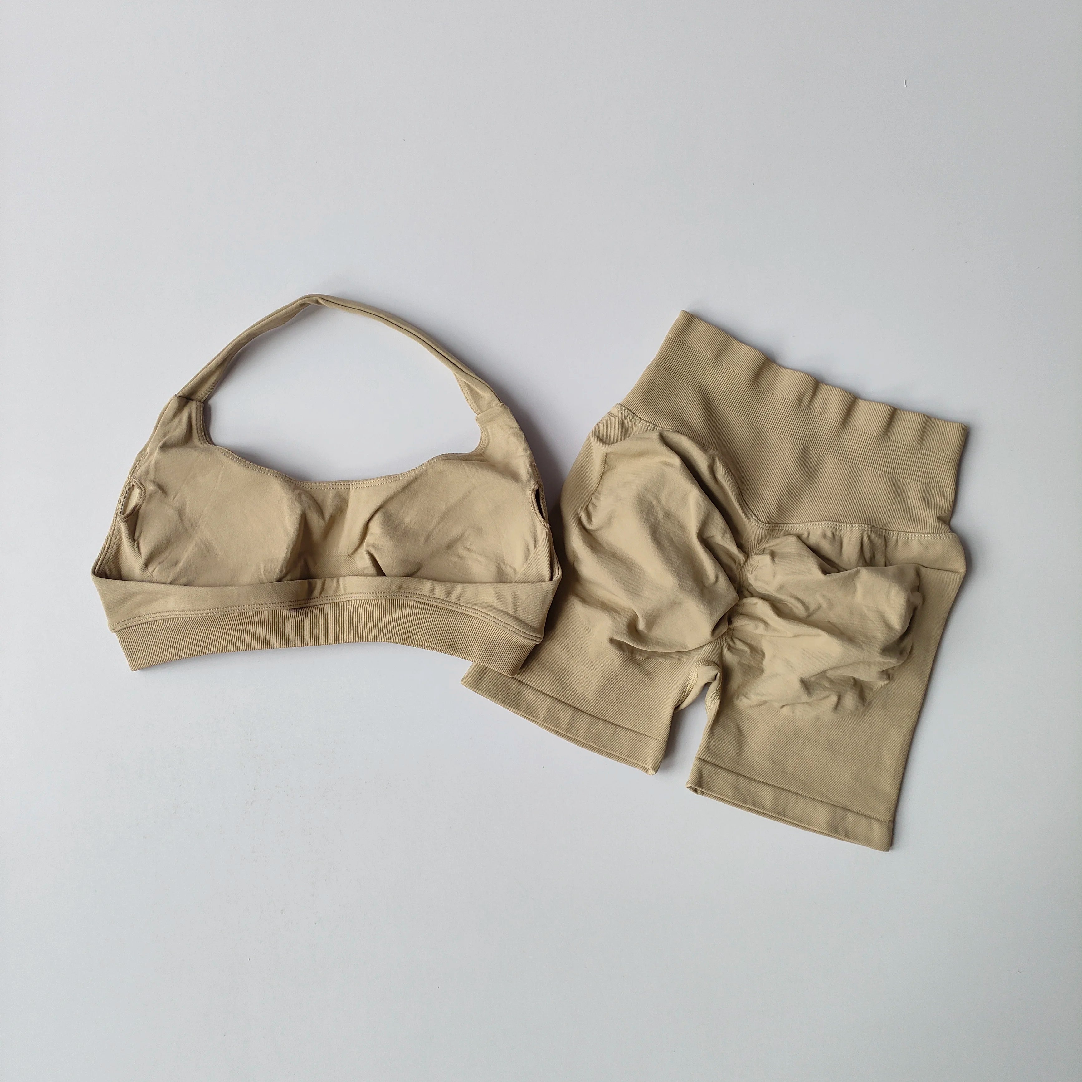 2PCS Seamless Workout Set Women Halter Bra + High Waist Shorts