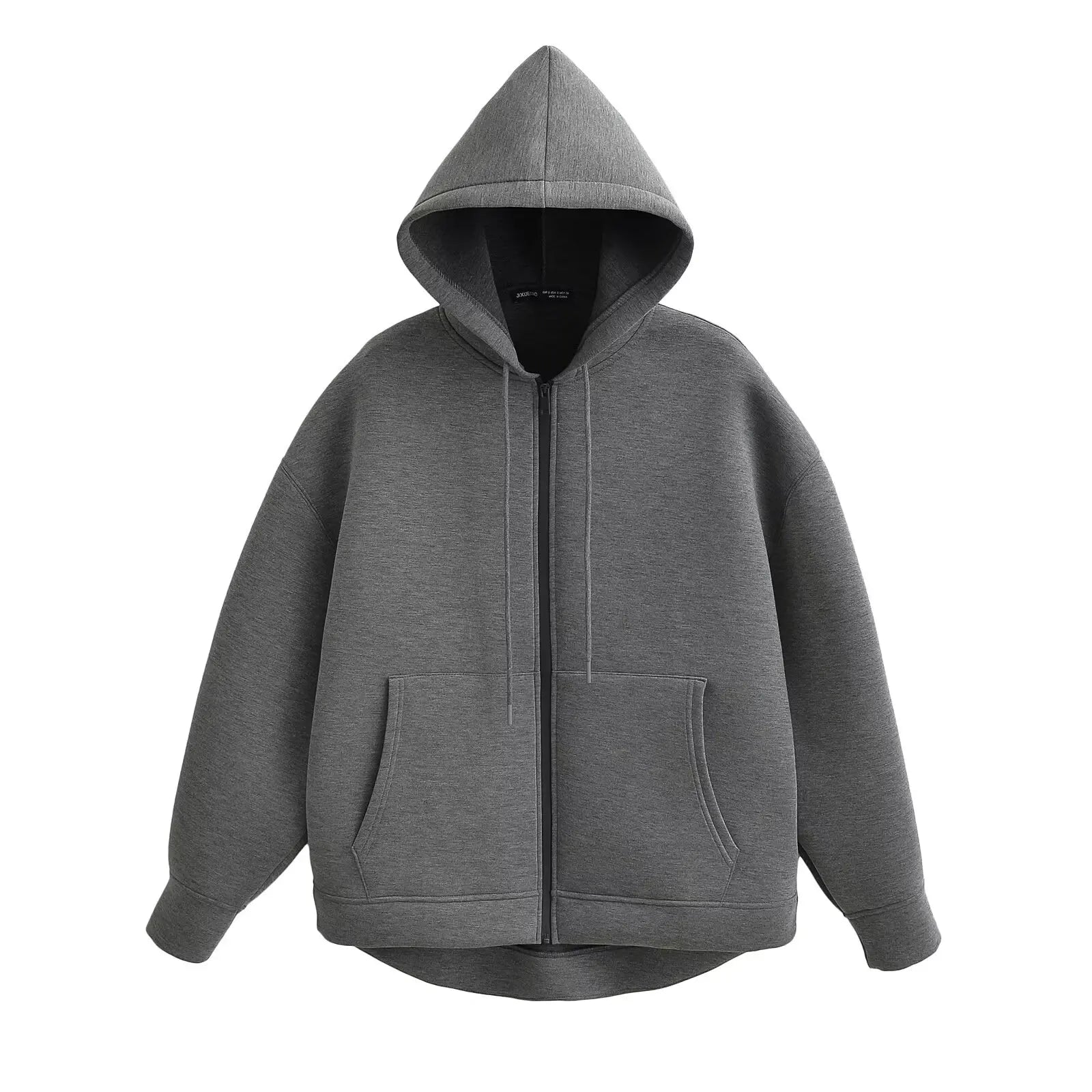 Women Gray Hooded Jacket Long Sleeve Big Pocket Zipper Loose Coat