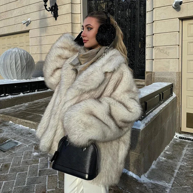 ZARAÉ Oversized Faux Fox Fur Jacket Women Winter Thick Warm