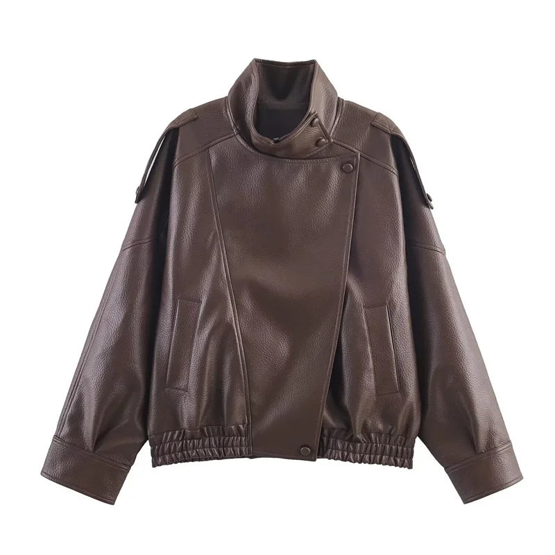 Black Pebble Faux Leather Motorcycle Jacket Women Long Sleeve