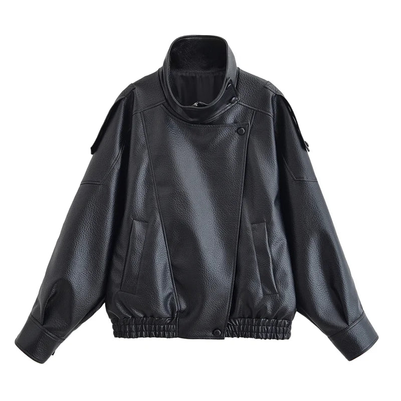 Black Pebble Faux Leather Motorcycle Jacket Women Long Sleeve