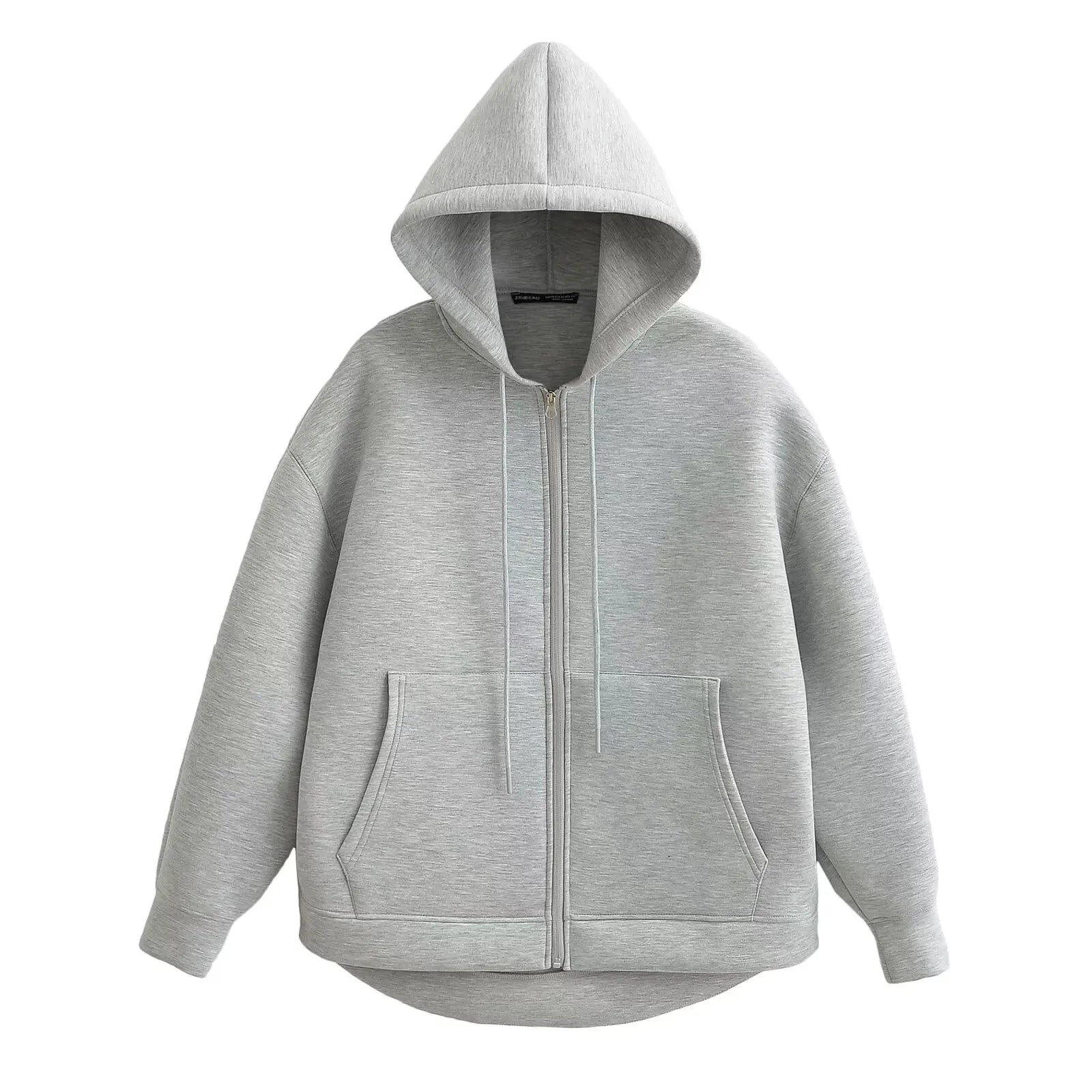Women Gray Hooded Jacket Long Sleeve Big Pocket Zipper Loose Coat