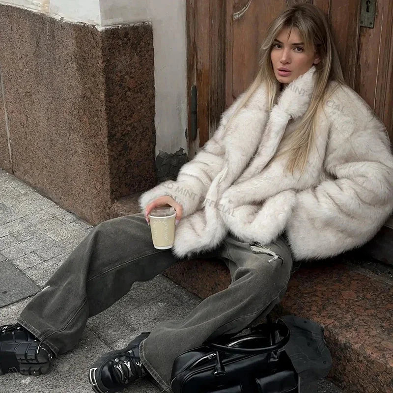 ZARAÉ Oversized Faux Fox Fur Jacket Women Winter Thick Warm