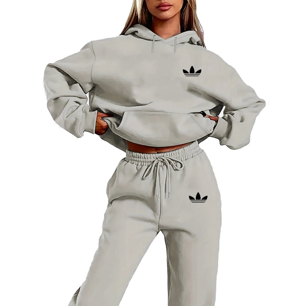 Letter Print Women Hoodie Set 2PCS Plush Streetwear Tracksuit
