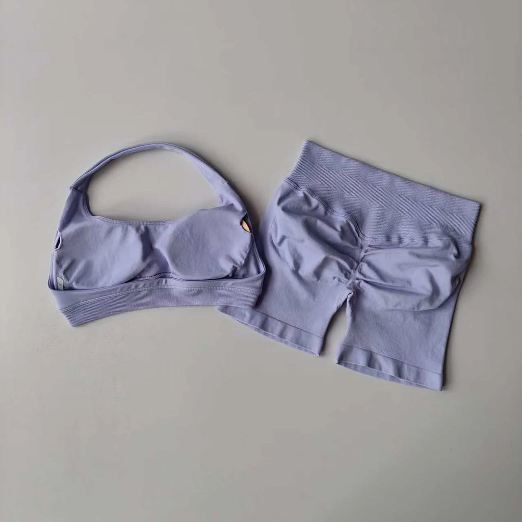 2PCS Seamless Workout Set Women Halter Bra + High Waist Shorts