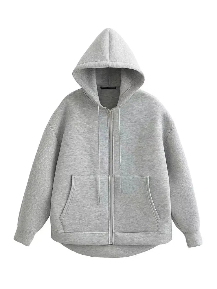 Women Gray Hooded Jacket Long Sleeve Big Pocket Zipper Loose Coat