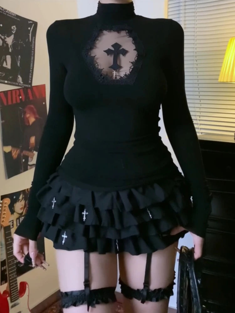 Y2K Cross Hollow Turtleneck Long Sleeve Sexy - ZARAÉ