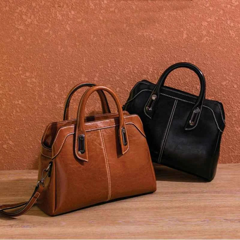 Genuine Leather Women Top Handle Shoulder Crossbody Bag Oil Wax Cowhide