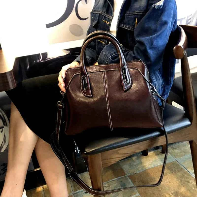 Genuine Leather Women Top Handle Shoulder Crossbody Bag Oil Wax Cowhide