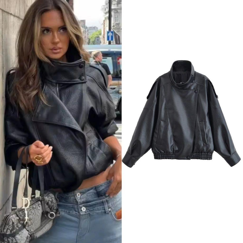 Black Pebble Faux Leather Motorcycle Jacket Women Long Sleeve